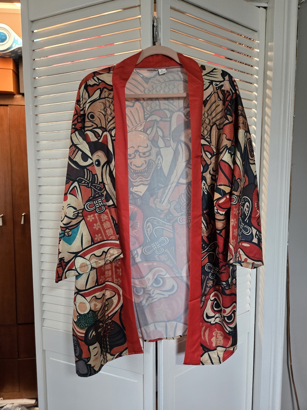 Orangey Red Multicolor Printed Satin Kimono Robe with Graphic Motif